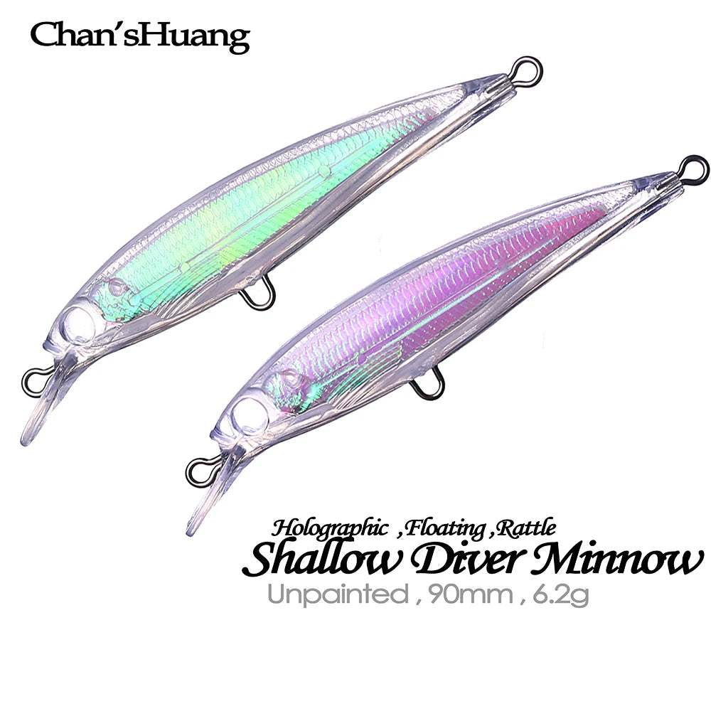 Chan’sHuang Bulk 20 count Unpainted Blank Bait Shallow Diver Holographic Rattle Minnow